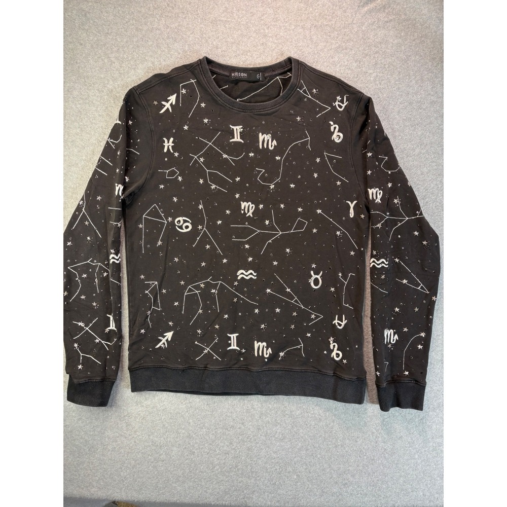 Hudson Outerwear Mens Black Zodiac Constellation Star Studded Sweatshirt Large